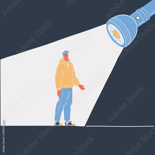 Vector illustration of man stand under flashlight in dark