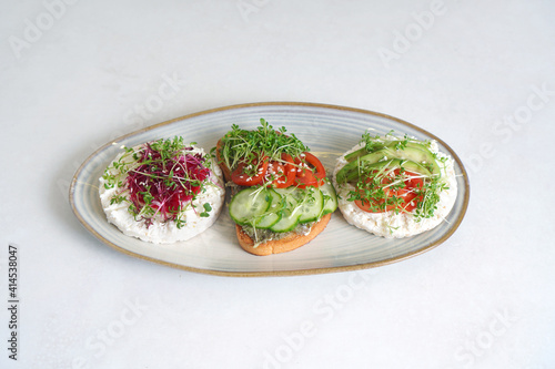 Plate with toasts made with fresh microgreen sprouts