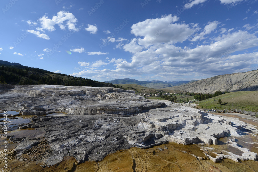 Scenic view of the terraces at Mammoth Hot Springs at Yellowstone National Park on a sunny day