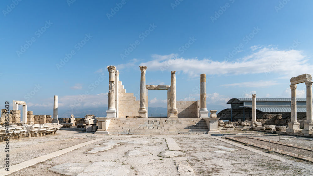 Denizli, Turkey - October 2019: Laodikeia ancient city ruins in Pamukkale, Denizli, Turkey