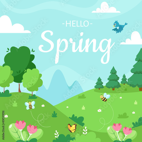 Spring landscape with trees  mountains  fields  flowers. Vector illustration.