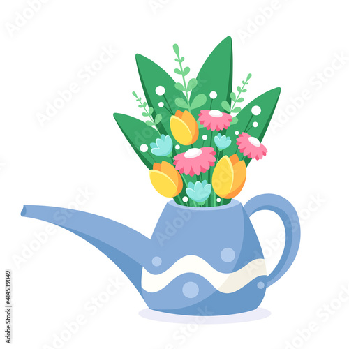 Watering can with spring flowers. Vector illustration