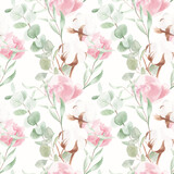 Watercolor pattern. Pink peonies, eucalyptus and cotton branches on a white background. Suitable for backgrounds, wallpapers, textiles, fabrics.

