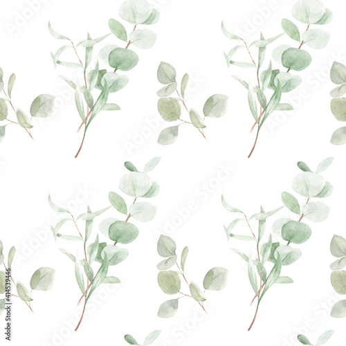 Watercolor pattern. eucalyptus branches on a light background. Suitable for backgrounds, wallpapers, textiles, fabrics.
