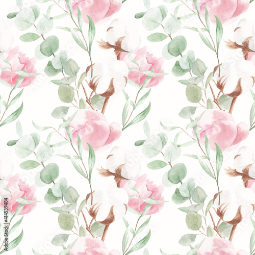 Watercolor pattern. Pink peonies, eucalyptus and cotton branches on a white background. Suitable for backgrounds, wallpapers, textiles, fabrics.