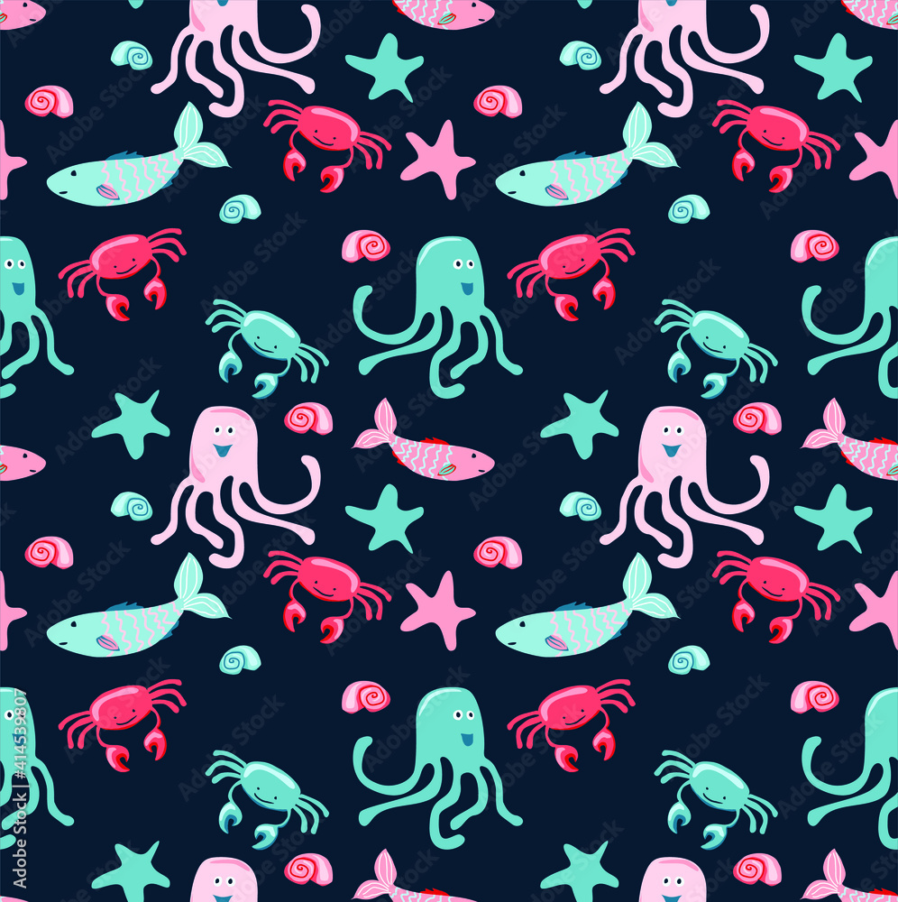 Cheerful hand drawn vector seamless pattern with different sea animals. Cartoon characters. Octopus, fish, crabs, shellfish, sea, ocean, seashells. Summer and children's background Cheerful hand drawn vector seamless pattern with different sea animals. Cartoon characters. Octopus, fish, crabs, shellfish, sea, ocean, seashells. Summer and children's background