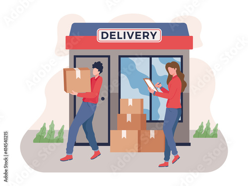 Delivery service concept. Service of fast delivery, Express delivery courier. Man courier with box in his hands. Supervisor supervise staff and check the packages to be delivered. Vector in flat style
