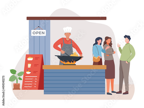 Chef fry the food in a wok. Street food vendor frying fried rice, Asian food, Chinese food, Small business concept with a man cooking pre-ordered meals. Vector illustration in a flat style