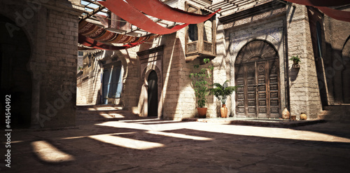 Morocco themed background of an empty stoned interior courtyard with shade cloth tapestries and pots and plants accents. 3d rendering