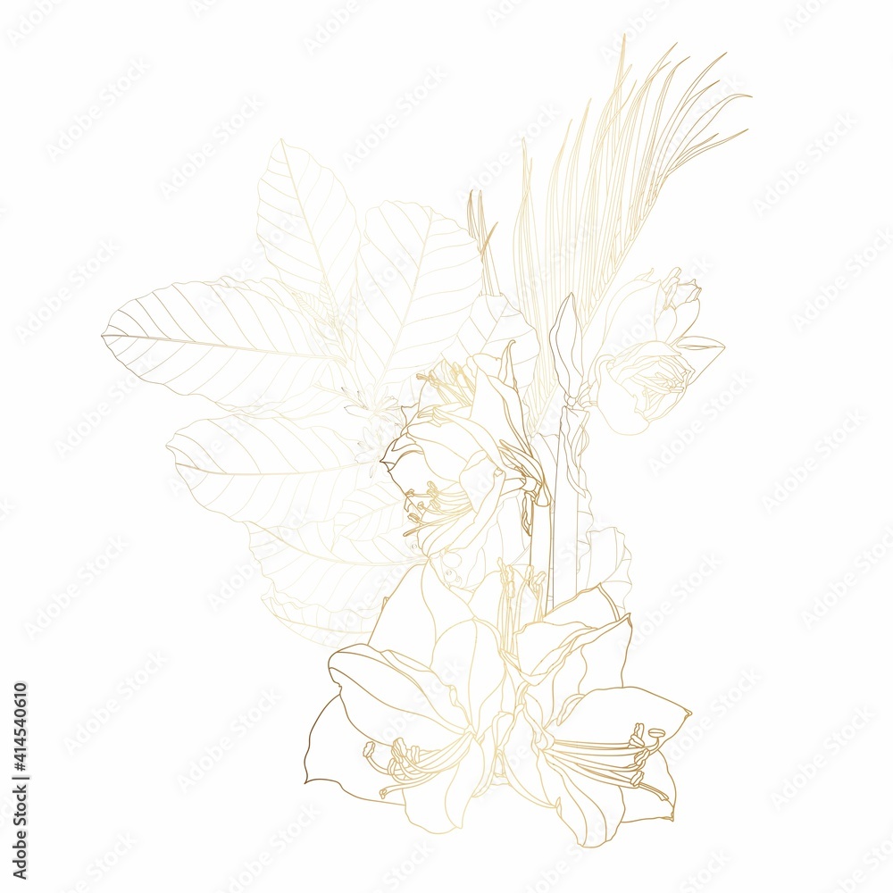 Hand drawn summer tropical bouquet: golden exotic plants, line art. Hand painted flowers isolated on white background for design.