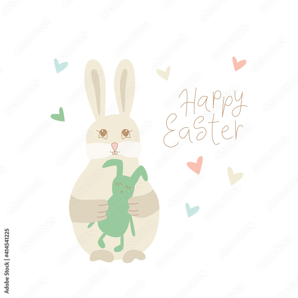 Obraz premium Easter rabbit, bunny minimalistic style with lettering sign. Vector stock illustration isolated on white background for Easter greeting card. EPS10