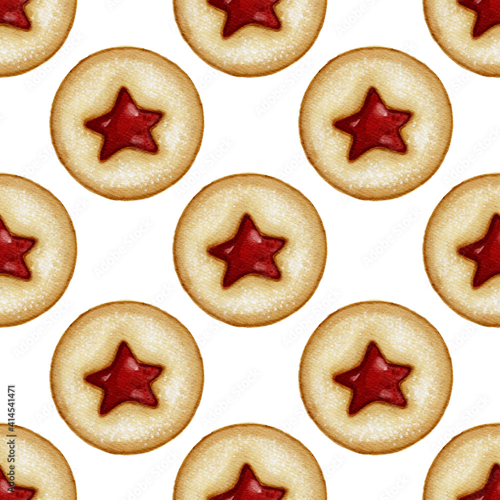 Seamless pattern drawn watercolor dessert shortcrust pastry cookies with star jam for delicious food background and bakery menu design, Valentines day, romantic wedding, birthday decor
