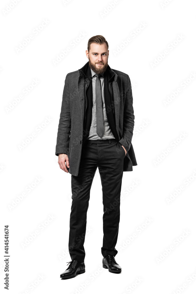 Confident looking executive wearing a grey jacket and tie with one hand in his pocket standing against a white background. Confident looking executive wearing a grey jacket and tie with one hand in his pocket standing against a white background.