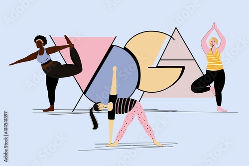 Vector illustration of Yoga poses on the background of the word Yoga