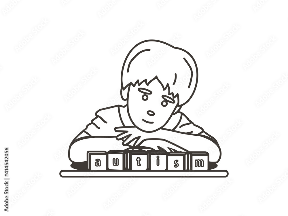 Close up portrait of toddler autistic boy with word AUTISM on wooden blocks. Autism concept. Vector illustration in slat style Close up portrait of toddler autistic boy with word AUTISM on wooden blocks. Autism concept. Vector illustration in slat style