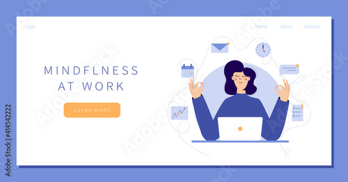 Businesswoman Meditate, Practicing Yoga at Workplace Sitting in front of laptop with calendar, clock, email, text message, documents on background. Office worker or freelancer relaxes landing page