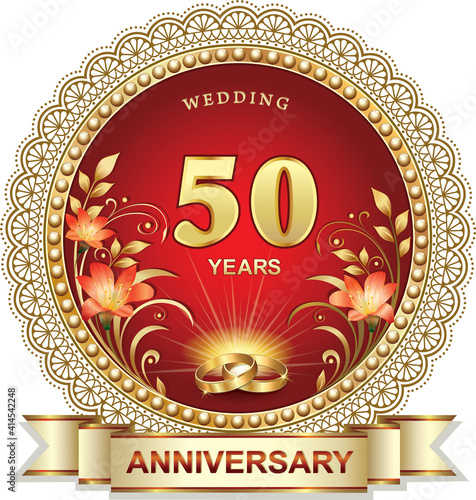 50th Anniversary, wedding card with golden numbers 50 years and rings in a round frame with beads on a red background with lily flowers. Vector illustration