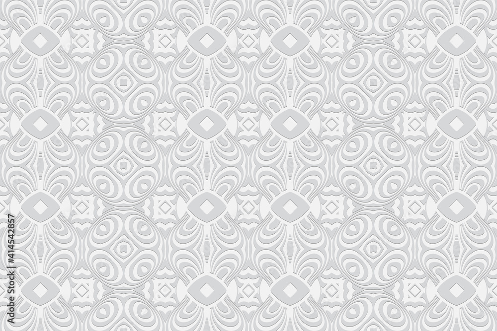 Geometric convex volumetric 3D texture from an ethnic pattern based on the peoples of the east. Embossed original white background for presentations, wallpapers, websites.