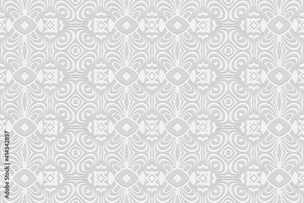 Geometric convex volumetric 3D texture from an ethnic pattern based on the peoples of the east. Embossed original white background for presentations, wallpapers, websites. Geometric convex volumetric 3D texture from an ethnic pattern based on the peoples of the east. Embossed original white background for presentations, wallpapers, websites.