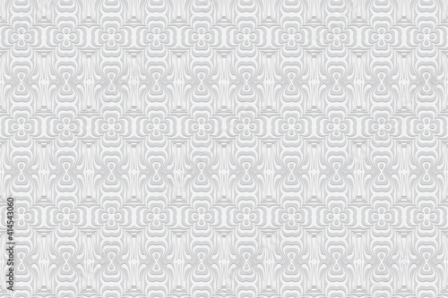 Geometric convex volumetric 3D texture from an ethnic pattern in the style of oriental doodling. Embossed white background. Ornament for design and decoration.