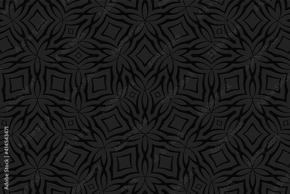 Geometric convex volumetric 3D texture from an openwork pattern. Original ornament on a black background for design.