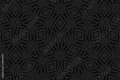 Geometric convex volumetric 3D texture from an openwork pattern. Original ornament on a black background for design.