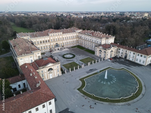 Aerial view of facade of the elegant Villa Reale in Monza, Lombardy, north Italy. Drone photography in Italy of the amazin Royal Palace of Monza. photo