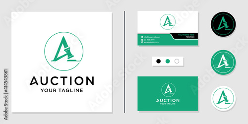 Auction logo initial letter A and business card design template inspiration