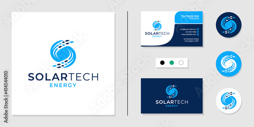 Solar technology logo initial letter S and business card design template