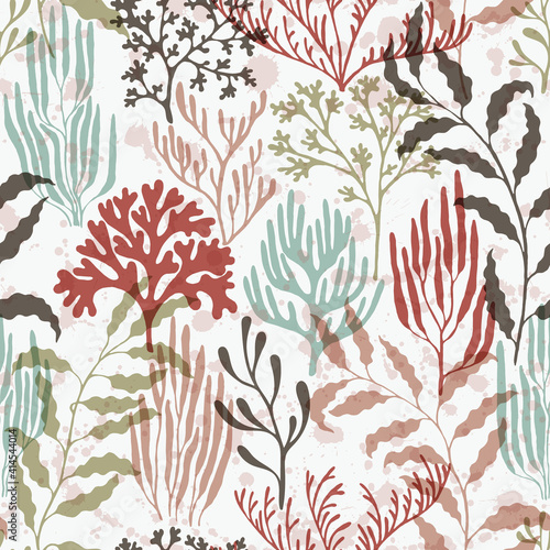 Coral polyps seamless pattern., Mediterranean staghorn and pillar corals bushes.