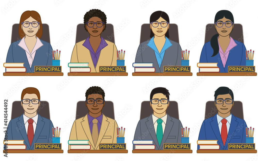 diversity, race, ethnicity of school principal vector icons, male and  female, with stack of books on desk, isolated on a white background Stock  Vector | Adobe Stock