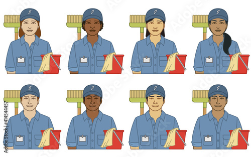 diversity, race, ethnicity of school janitor, custodian, caretaker vector icons, male and female, with broom and bucket, isolated on a white background