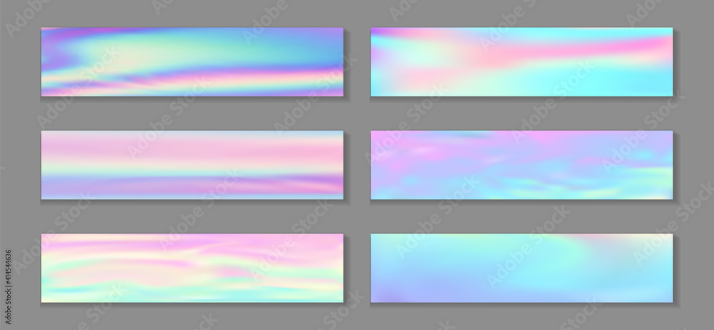 Neon holo trendy flyer horizontal fluid gradient mermaid backgrounds vector collection. Fantasy