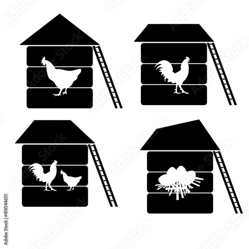 Set of silhouettes of chicken coops with cut out contours of poultry and nest with eggs