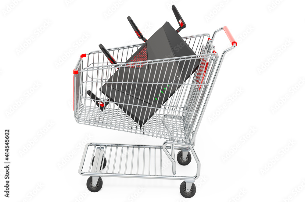 Shopping cart with 6G wi-fi router, 3D rendering Shopping cart with 6G wi-fi router, 3D rendering