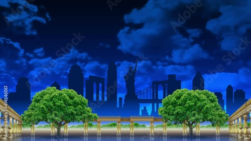 Concert background with a golden collonade and trees against the backdrop of the outlines of New York landmarks. Animation of the city environment for the show
