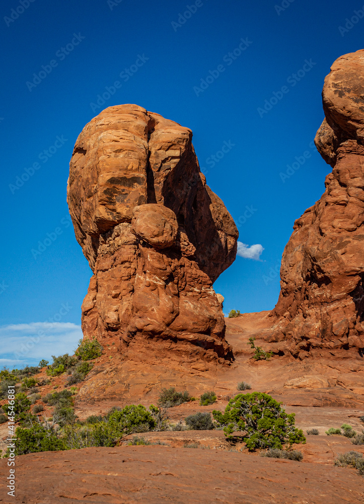 Fototapeta premium Portrait shot of two red sandstone monoliths agains blue sky in arches national park in utah, america