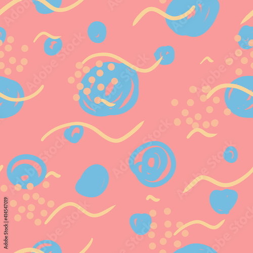 Blue, pink, yellow repeating pattern. Seamless texture. Abstract ornament with flowers and sweet berries.