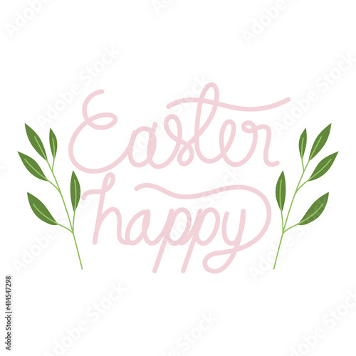 happy easter handmade letters with foliage decoration white background