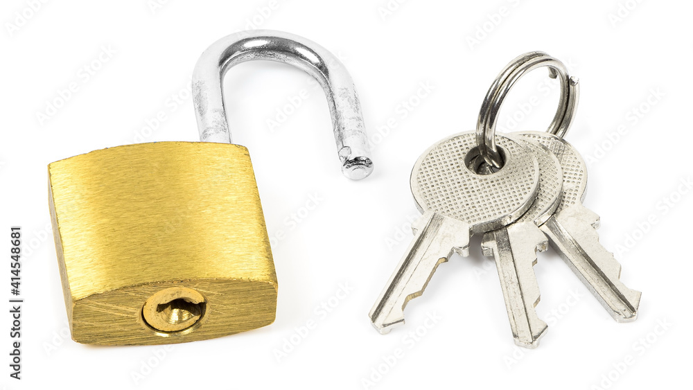 Open padlock and the keys on white background Open padlock and the keys on white background