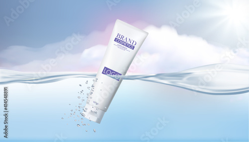 Cosmetic product on water surface and sunset background, perfume or makeup cosmetics, advertising.3D vector illustration.