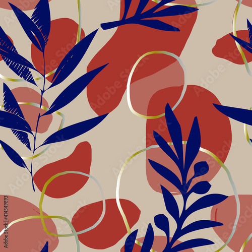 Collage contemporary floral seamless pattern. Modern exotic jungle fruits and plants illustration in vector.