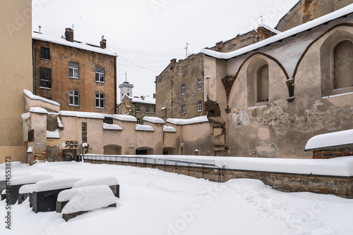 LVIV, UKRAINE - FEBRUARY 12, 2021: Ruins of Synagogue Golden Rose and Space of Synagogues memorial.