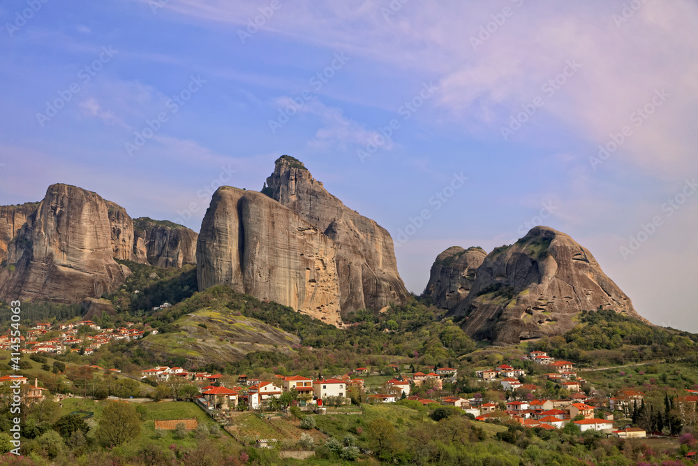 Greece, Meteora. Town and mountains.