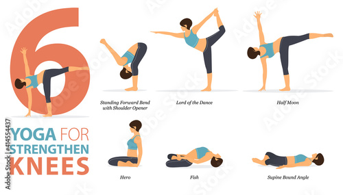 6 Yoga poses or asana posture for workout in Strengthen the Knees concept. Women exercising for body stretching. Fitness infographic. Flat cartoon vector