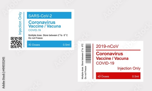 Vector illustration of Coronavirus Vaccine Package Label stickers set. Red and blue colour set. Banner format