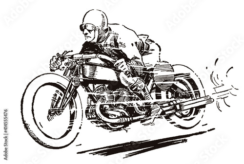 Man from early 20th century riding antique racing motorcycle at high speed