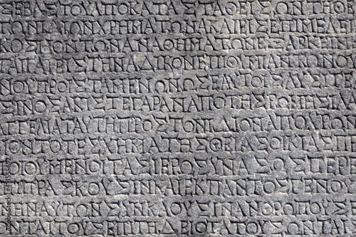 Turkey, Ephesus. Ancient stone writings at ancient city.