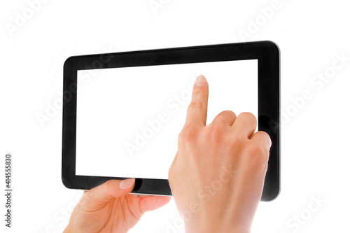 in human hands tablet computer touch-screen gadget with isolated