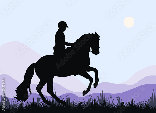 a rider gallops in a field, a dark silhouette against the sky,